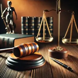 Professional courtroom scene with scales of justice, gavel, and law book on a wooden desk